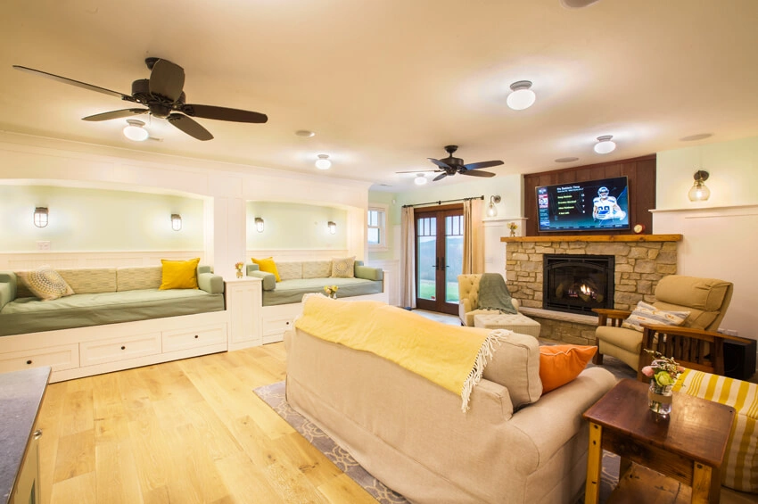 Arts-Crafts-family-room - Family Room with Stone Fireplace