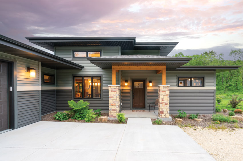 covered front entry of a prairie style home