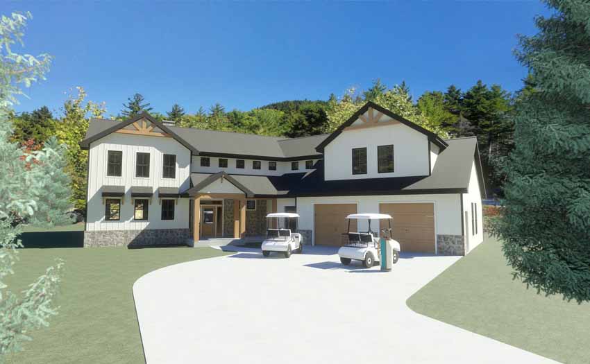 rendering of a modern farmhouse with european flare