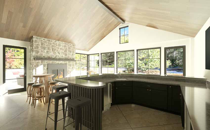 rendering of modern farmhouse bar/three season room