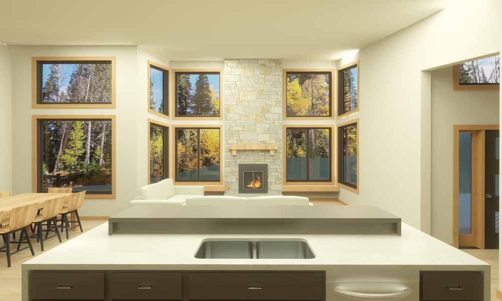 color rendering of a great room with window wall