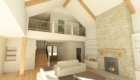 rendering of a farmhouse style great room with loft
