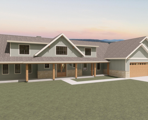rendering of a farmhouse with covered porch