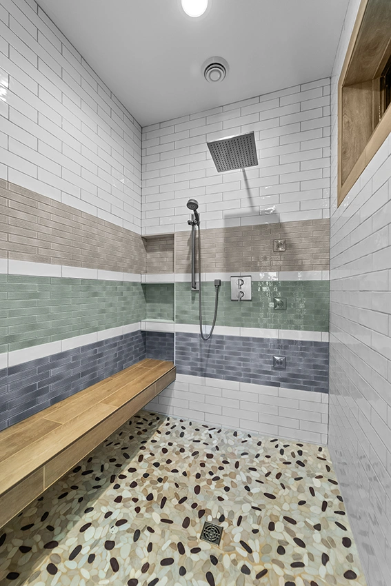 Natural-Home-with-Timber-10 - Tile Shower with Venetian Pebble Floor