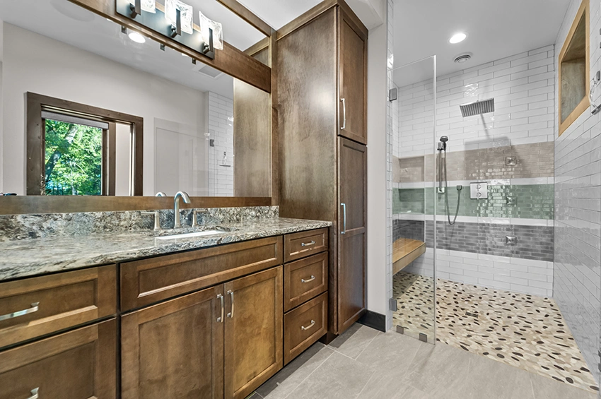 Natural-Home-with-Timber-11 - Vanity in Biscotti Finish with Quartz Countertops