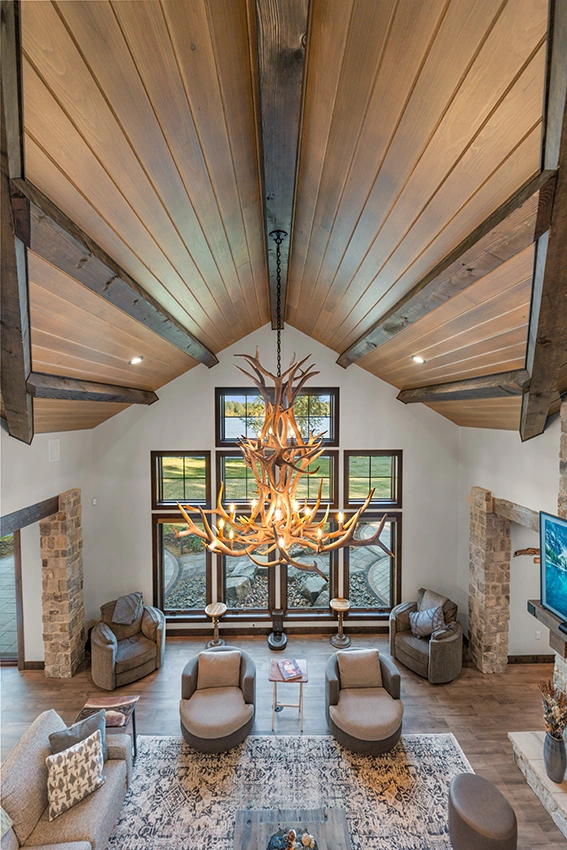 Natural-Home-with-Timber-60 - View from the Loft and Antler Chandelier