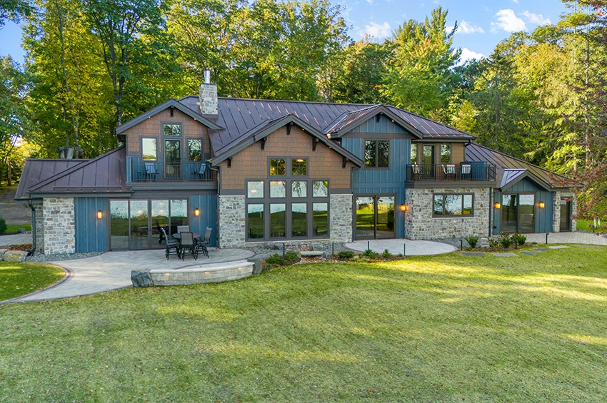 Natural-Home-with-Timber-2 - Back View with Stone, Shakes and Board & Batten Siding