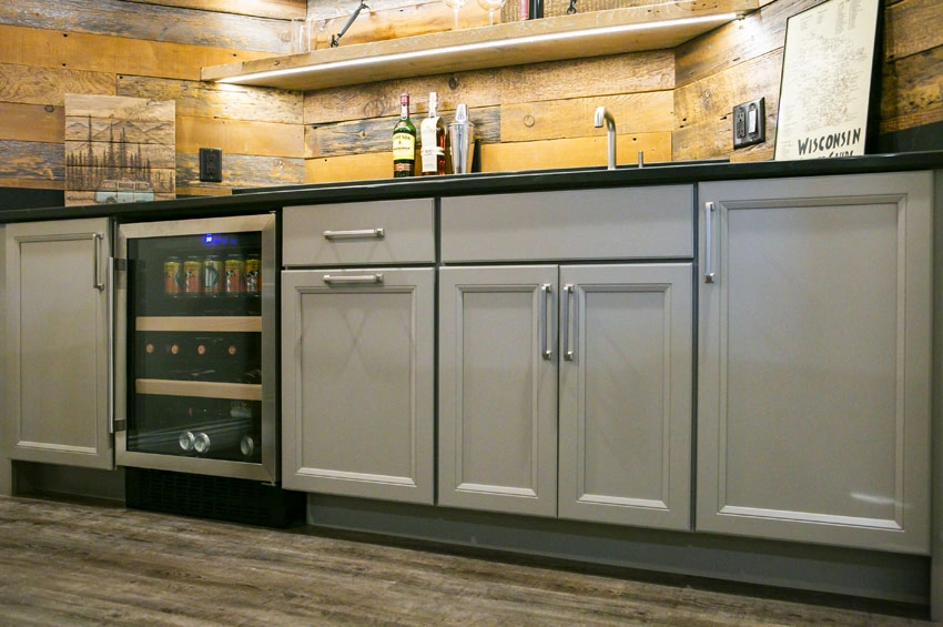 Wet-Bar-Cabinetry - After – Maple cabinetry in a sheer Arbor Mist finish