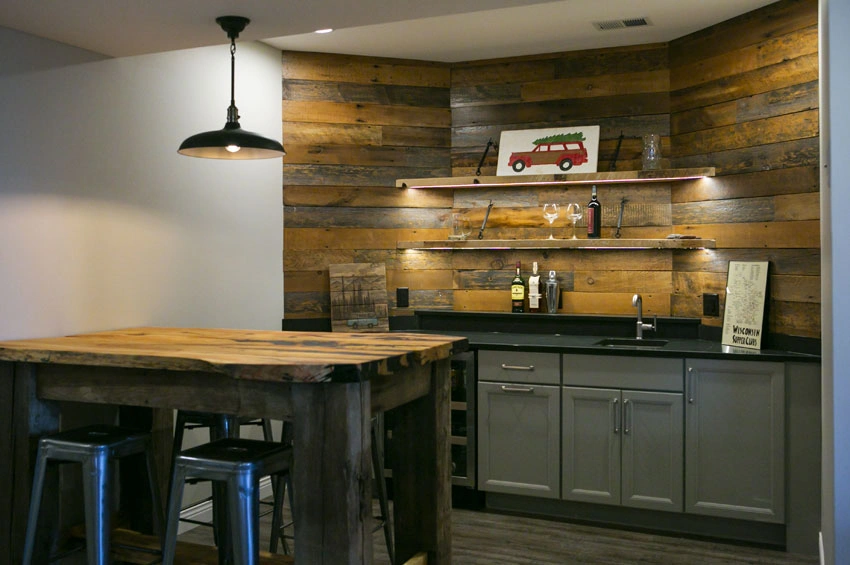 Wet-Bar-with-Barn-Board-Acc - After – Industrial style light fixtures