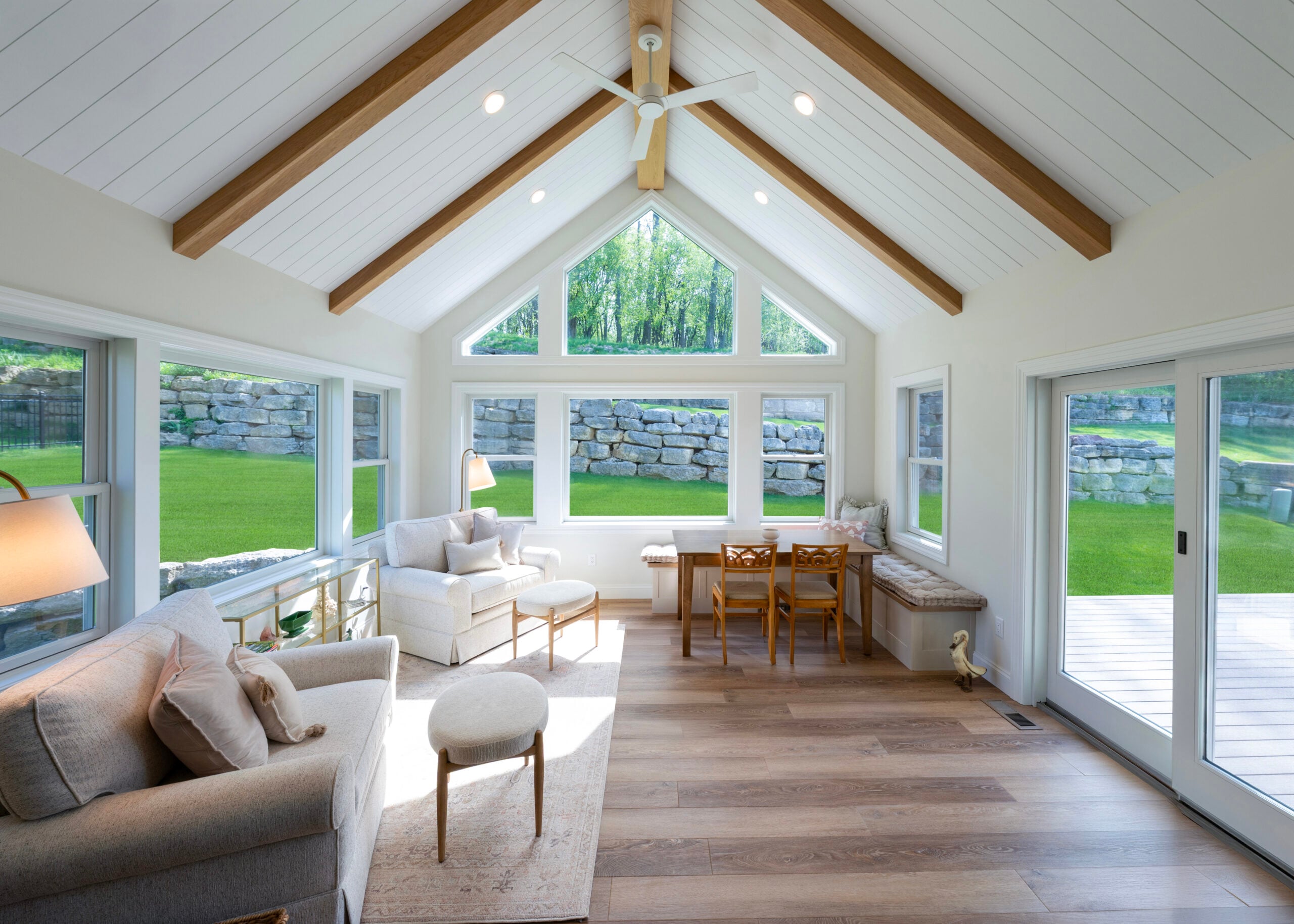Four season porch addition with bench seating