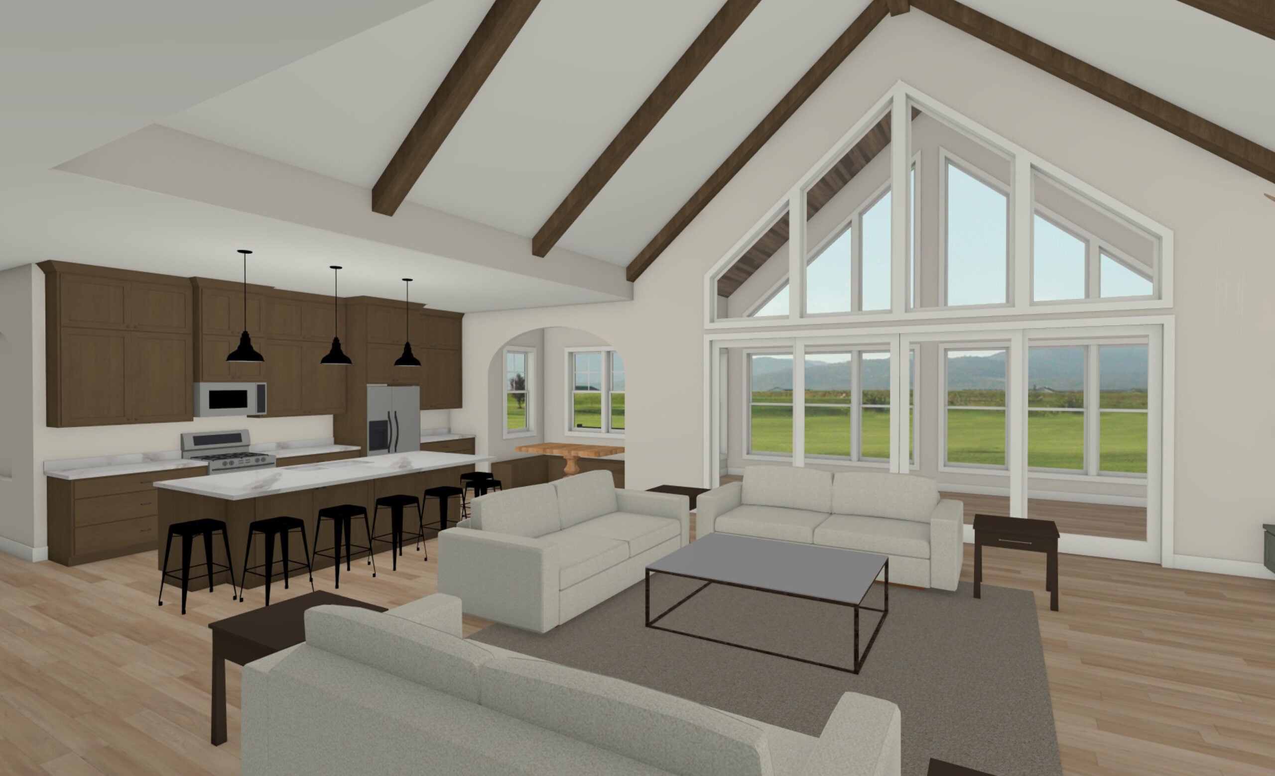 rendering of a new home great room and kitchen
