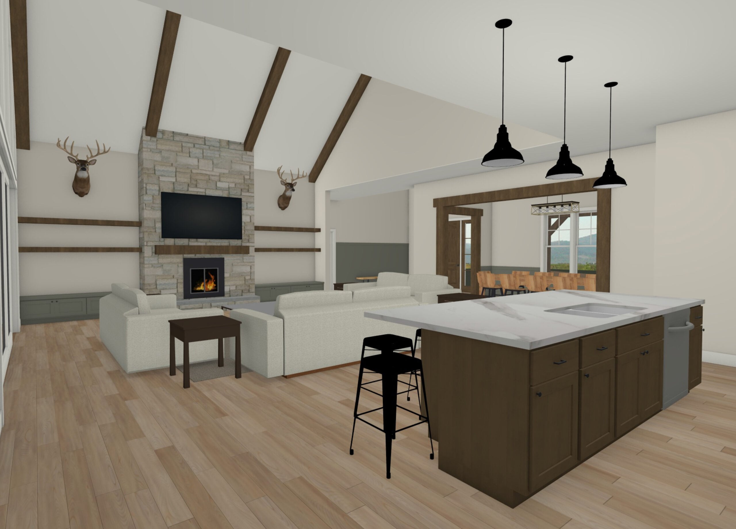 rendering of a kitchen and a great room