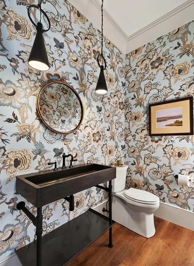 powder room with trough sink