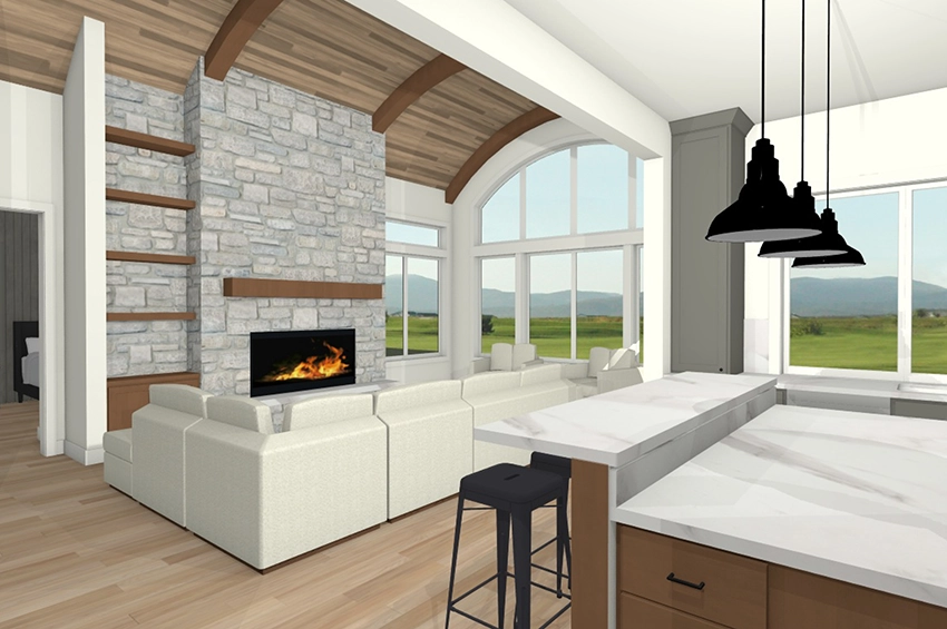 interior rendering of a great room with a barrel vaulted ceiling
