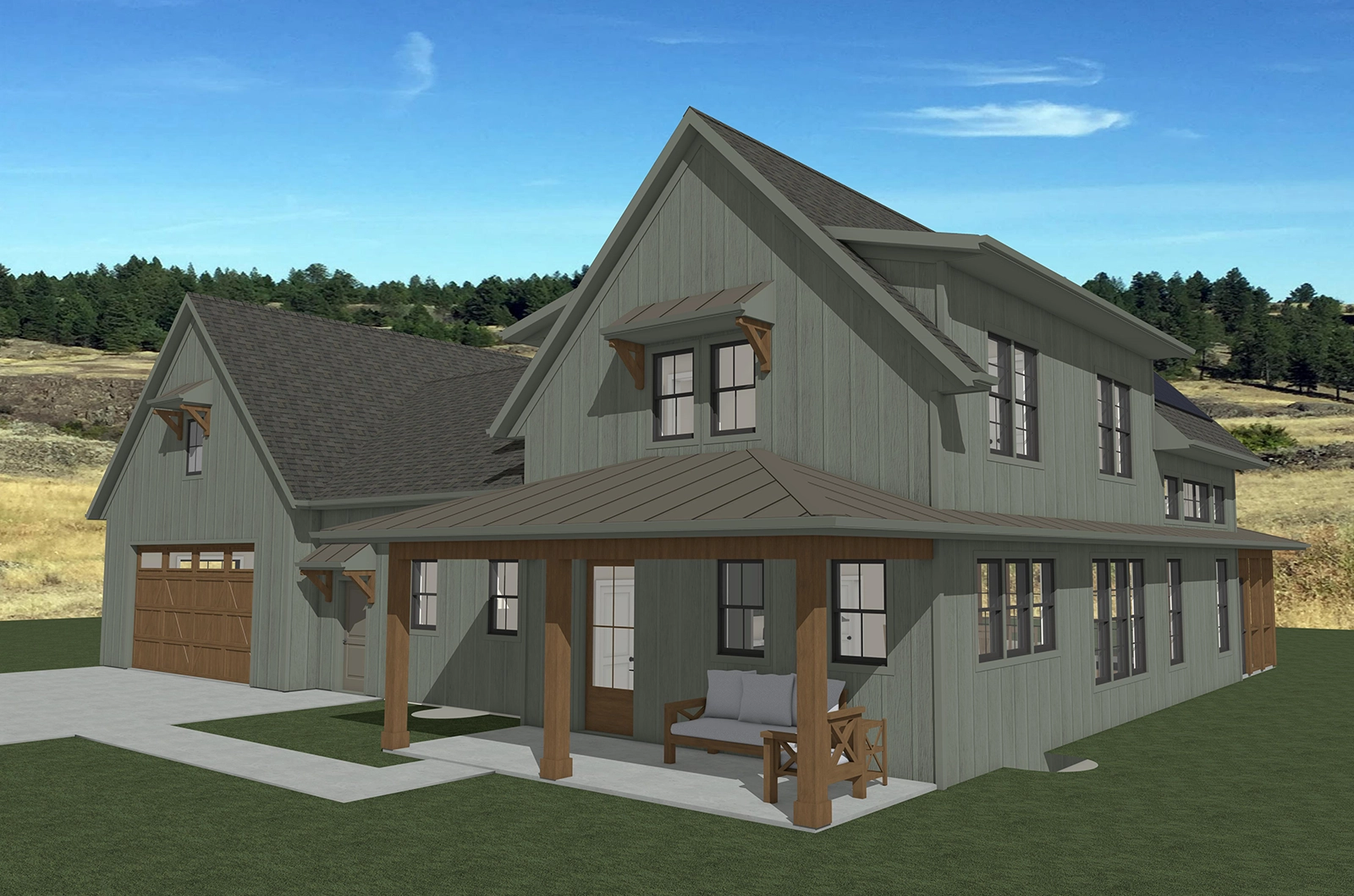 green Nordic influenced home rendering by mazomanie builder