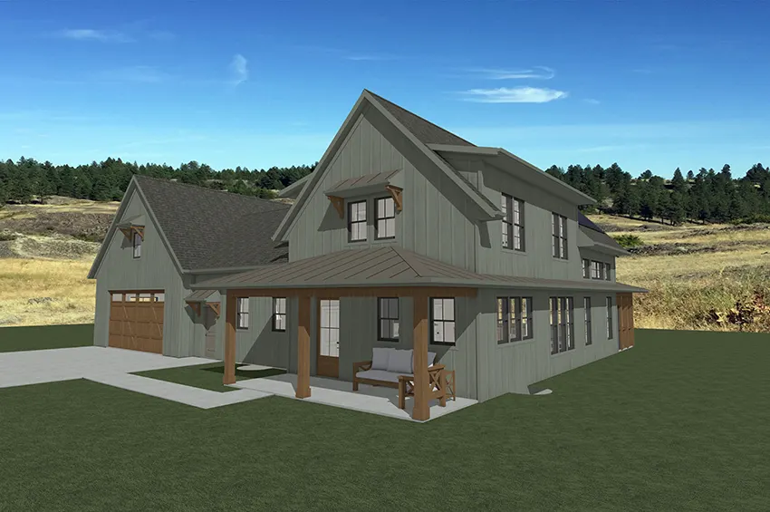 rendering of a green home with timber accents